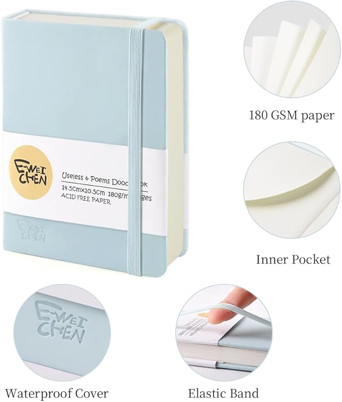 Hardcover 96Pages Blank Sketch Book for Drawing, Small 5.7x4.1 Pocket Journal Notebook for Travel, 180gsm Thick Paper Diary Notebooks for Work, PU Cover Memo for Writing. Light Blue