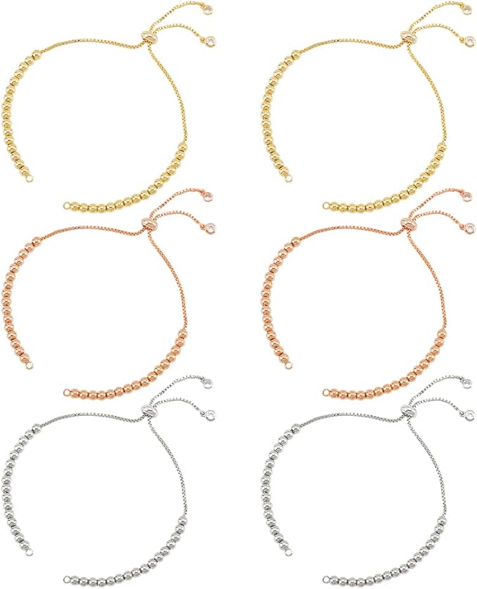 NBEADS 6 Pcs 3 Colors Slider Bracelets, 10.55" Half Finished Adjustable Bracelets Brass Cubic Zirconia Extender Chains with Ball Ends for Jewellery Making