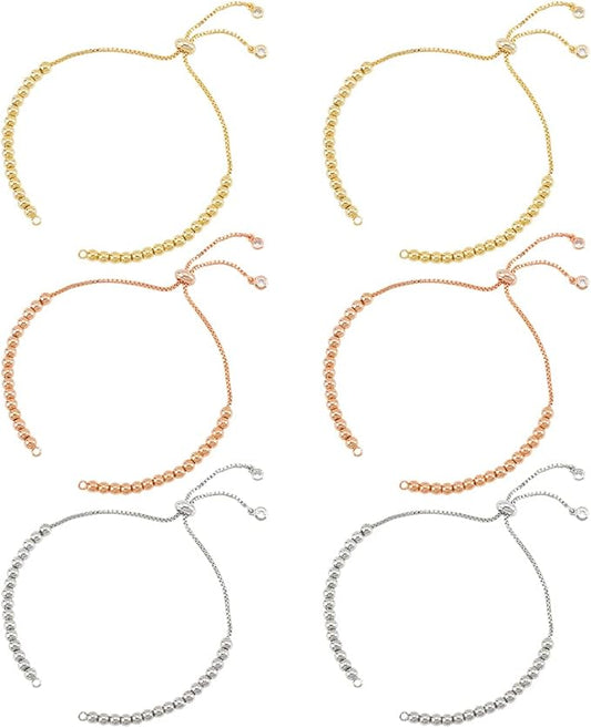 NBEADS 6 Pcs 3 Colors Slider Bracelets, 10.55" Half Finished Adjustable Bracelets Brass Cubic Zirconia Extender Chains with Ball Ends for Jewellery Making