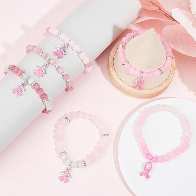 SUNNYCLUE 1 Box DIY 6 Sets Breast Cancer Awareness Bracelets Pack Pink Ribbon Charms Beading Bracelet Making Kit Hope Health Aware Charm Imitation Jade Round Beads for Jewelry Making Kits Women Craft