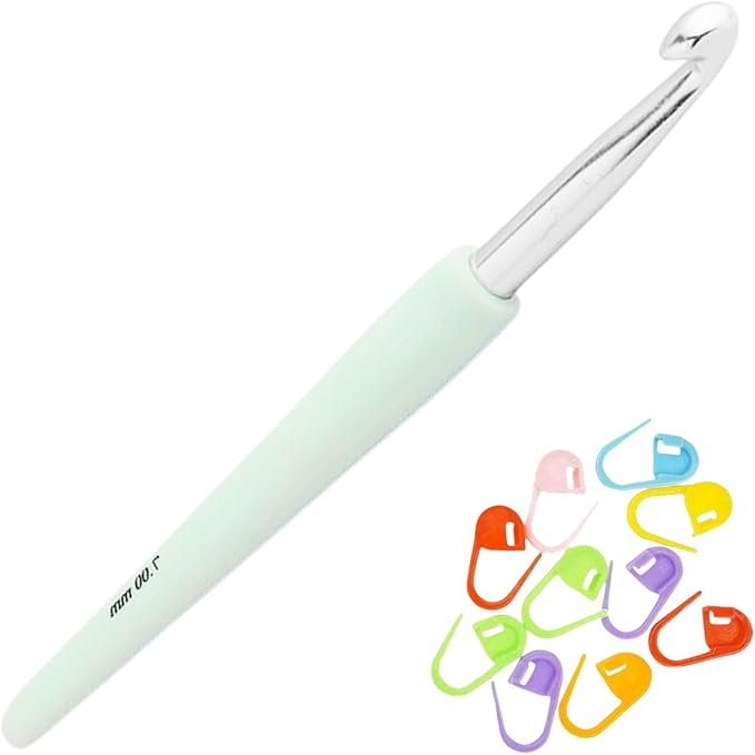 KnitPro Waves 2.0 Crochet Hook 5.25 inch, 7.00mm (13cm, US Size -) Aluminum with 10 Colorful Stitch Markers