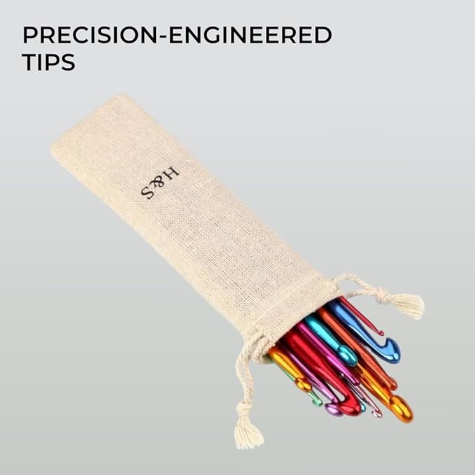H&S Crochet Hooks Set Aluminium 14pcs Needles with Pouch Case 2mm 2.5mm 3mm 3.5mm 4mm 4.5mm 5mm 5.5mm 6mm 6.5mm 7mm 8mm 9mm 10mm