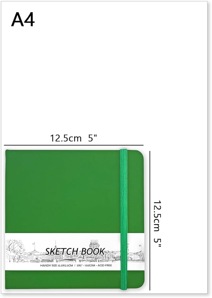5" x 5" Hardcover Sketch Book,Small Mixed Media Sketch Pad,58 Sheets 150GSM Acid-Free Artist Drawing Paper,Travel Journal Blank Notebook for Adults Painting,Illustration,Art Supplies.Grass Green