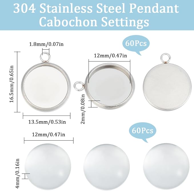 SUNNYCLUE 1 Box 120Pcs Bezel Tray Blanks Pendant Tray Kit Stainless Steel Pendant Bezels Round Clear Cabochon Domes Set for Jewelry Making Charms DIY Craft Photo Findings