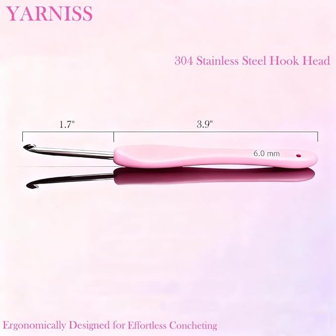 Yarniss 6.0mm Stainless Steel Crochet Hook with Deep Throat, Ergonomic Crochet Hook with Grip for Arthritic Hands, Pointed Crochet Head