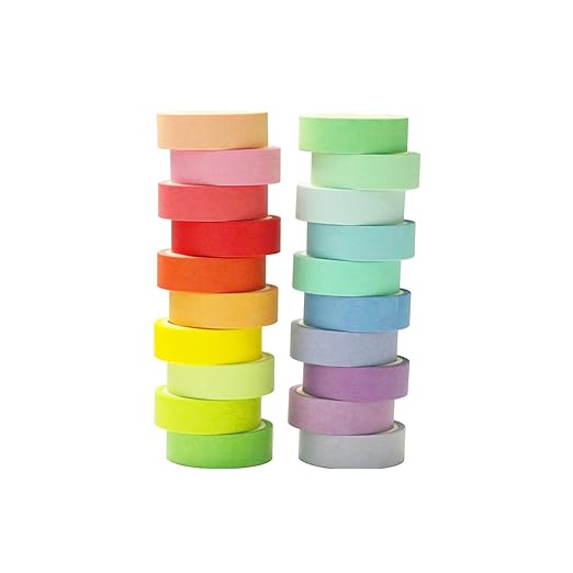 Washi Tape Set 20 Rolls - 15 mm Rainbow Colors Decorative Tape for Bullet Journal, Planner, DIY Arts Crafts, Scrapbooking, Holiday Decoration