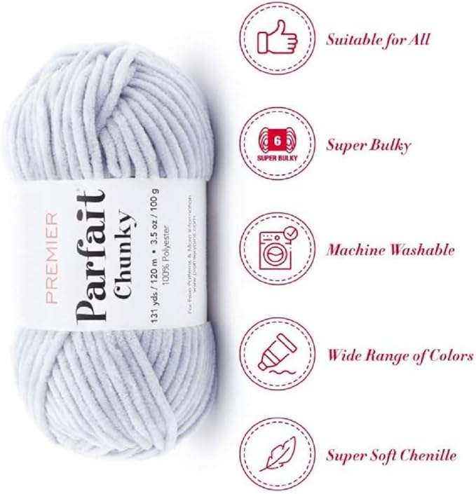Premier Yarns Parfait Chunky Chenille Yarn 3.5 Oz 6 Super Bulky Weight 3 Pack Bundle with Bella's Stitch Place Holders (Cloudy Day)