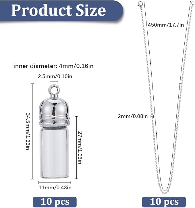 SUNNYCLUE 1 Box 10 Sets Glass Vial Necklace Making Kit Vial Necklaces Bulk Glass Bottle Charm Mini Wish Bottles for Jewelry Making Kits Memorial Keepsake Perfume Hair Mud Supplies