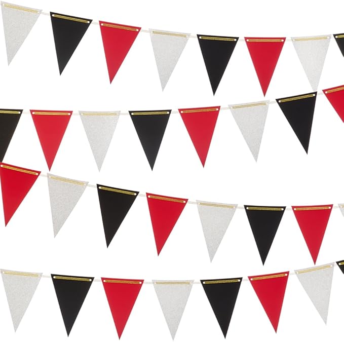 MOWO Silver Black and Red Pennant Banner Paper Bunting Hanging Decoration for Graduation Birthday Retirement Halloween Party, Pack of 30 Counts Pennant, 20 feet