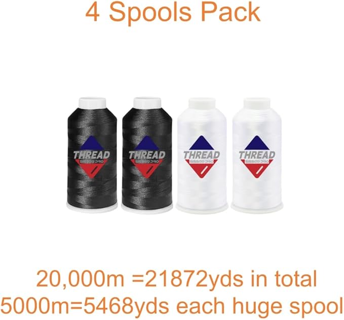 Sissewpro 40WT Machine Embroidery Thread 4 Huge Spool (5,000M Each 20,000M Total) – 2xWhite + 2xBlack Polyester Embroidery Machine Thread 120D/2 for Commercial & Home Embroidery Machines