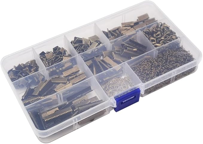 INSPIRELLE 100 Sets Assorted Size Bronze Ends for Ribbon Bracelet Bookmark Making Crimps Kit with Lobster Clasps and Chain Extenders