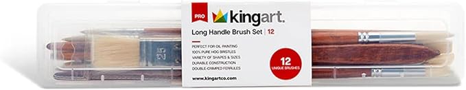 KINGART 12-Piece Long Handle White Hog Hair Artist Paint Brush Set, Perfect for Acrylic Oil Gouache Watercolor, Painting Brushes Kit for Canvas & Fabric with Storage Case