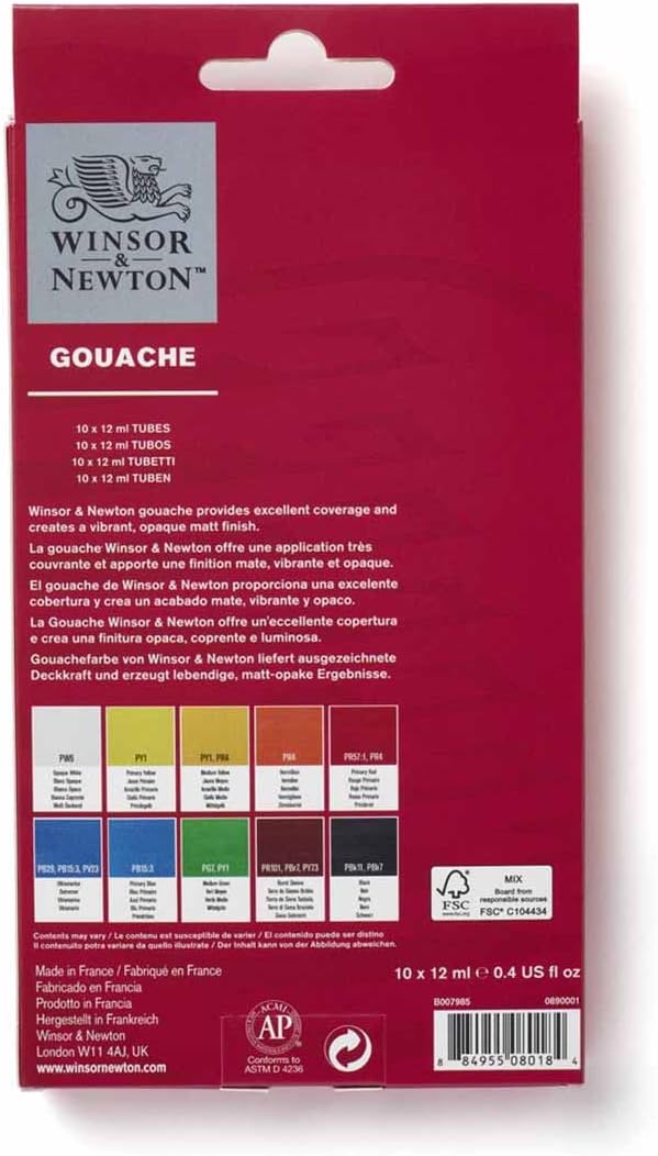 Winsor & Newton Gouache Paint Set, 10 Count, 12ml (0.4-oz) Tubes