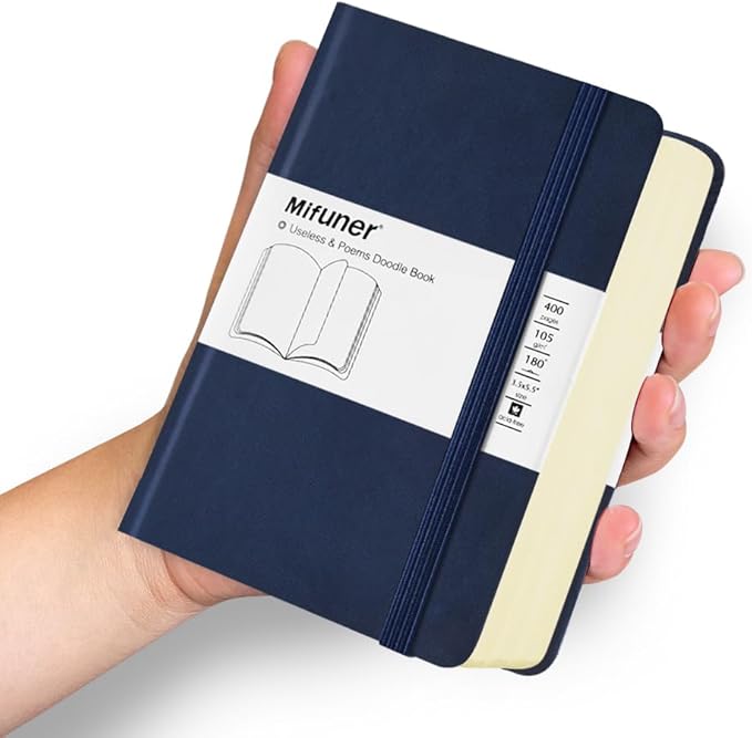 Mifuner Small Rectangle 3.5x5.5 200 Sheets 105gsm Mini Notebooks Blank Pages Sketchbooks Pocket Paint Writing Diary Memo PU Leather Cover Deep Blue