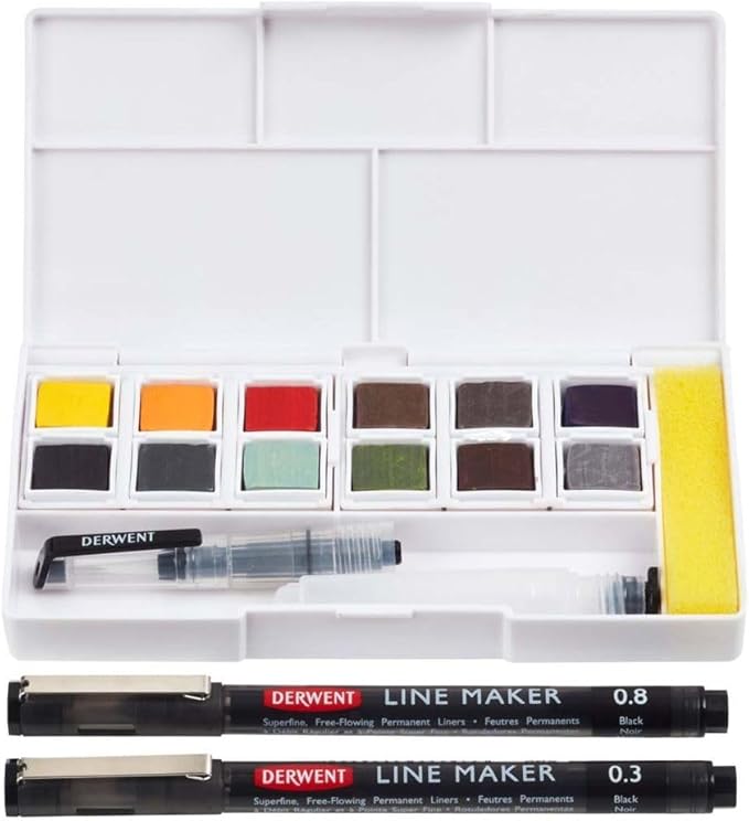 Derwent Line & Wash Paint Set, Professional Quality, Fine Line Pens, Inktense Colors, Art Supplies for Adults, Portable, Travel Set Includes 12 Paint Pans, 2 Line Makers, Mixing Palettes, Sponge