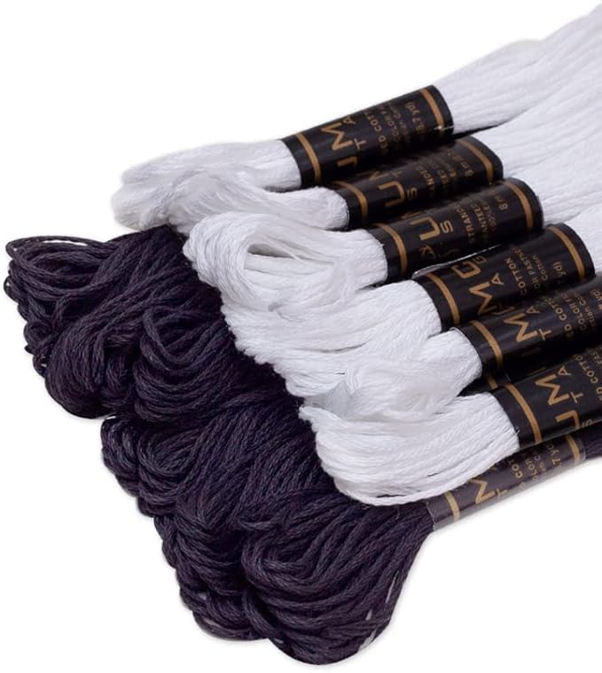 12 Pieces | Premium Embroidery Thread | 100% Egyptian Cotton Premium Skeins | Cross Stitch Embroidery Floss | Oeko TEX Certified Stranded Cotton (Black & White)