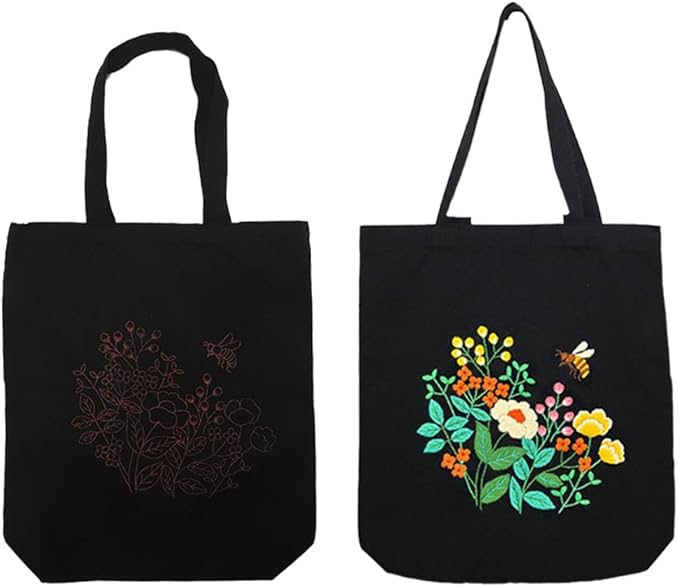 VWV-Whizzing Embroidery Canvas Tote Bag DIY Kit for Beginners, Complete with Pattern, Hoops, Color Threads, Tools & Detailed Instructions for Adults (13X15(in) Black-Bee)