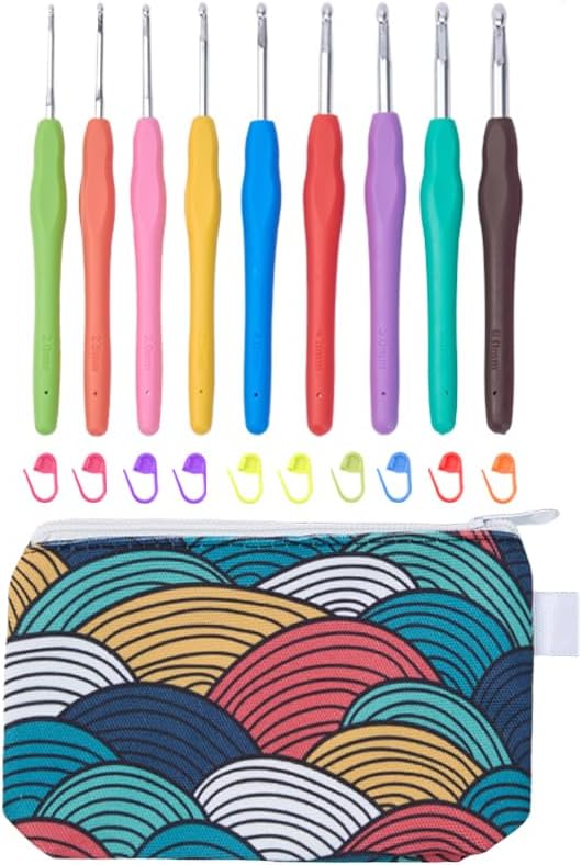 YAWIKO Crochet Hooks Set, Ergonomic Crochet Hooks with case for Arthritic Hands, Lightweight Crochet Knitting Needles Accessories for Beginners and Arthritis Hands (9 Size (2.0~6.0mm))