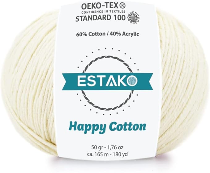 Estako Happy Cotton, 60% Cotton 40% Acrylic Yarn, Soft, Fine/Sport (2) for Crochet and Knitting 1.76 Oz (50g) / 180 Yrds (165m) (4150 - Cream)