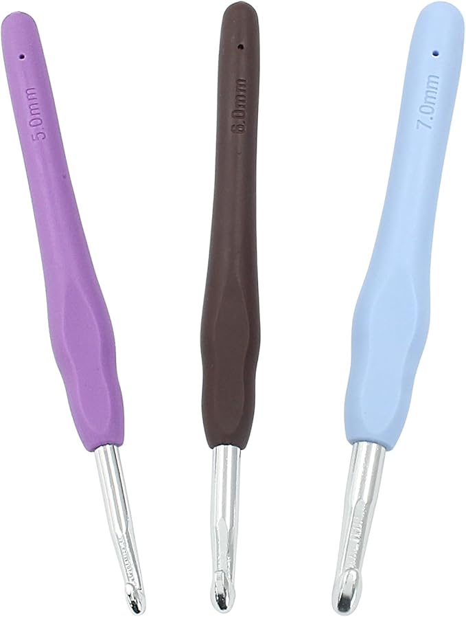suiwotin 3pcs/Set 5mm/6mm/7mm Crochet Hook, Aluminum Crochet Hook Set, Rubber Handle Ergonomic Knitting Needles for Yarn DIY Crafts Projects