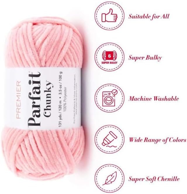 Premier Yarns Parfait Chunky Chenille Yarn 3.5 Oz 6 Super Bulky Weight 3 Pack Bundle Bella's Stitch Holders (Pink Lemonade)