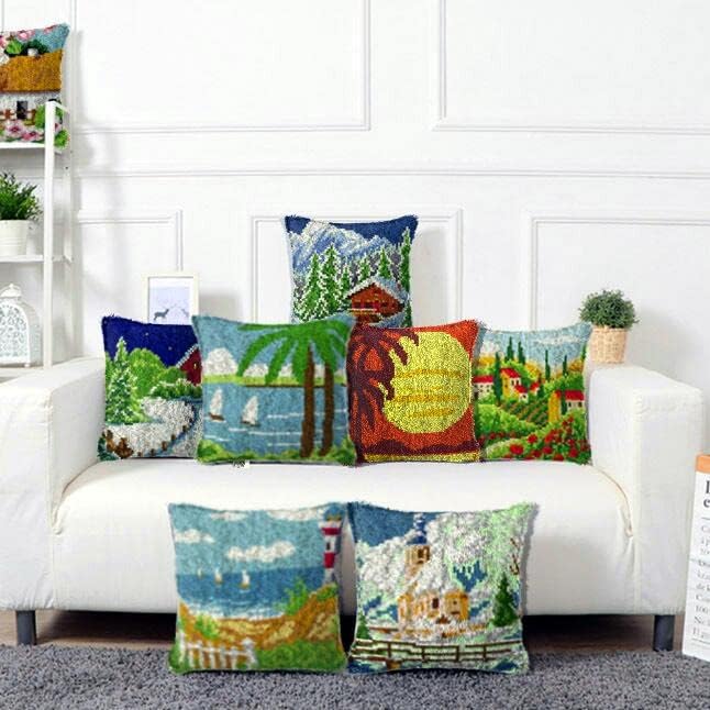 Latch Hook Kits Pillow Ship Anchor Printed Canvas Cushion Crochet Yarn Needlework Hook Latch DIY Kit Embroidery Pillowcase Rug Cover Home Sofa Christmas Decoration 43x43cm