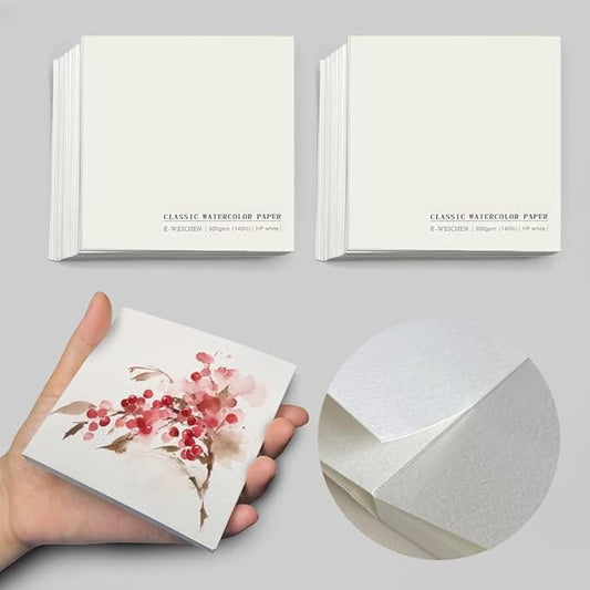 2 Packs Tearable Square 3.9X3.9 300gsm Portable Watercolor Paper Pad Journal 40pgs (20 Sheets Front Back 2 Textures) Travel Size for Calligrapher Watercolour Sketch Book Notebook. White 2pc