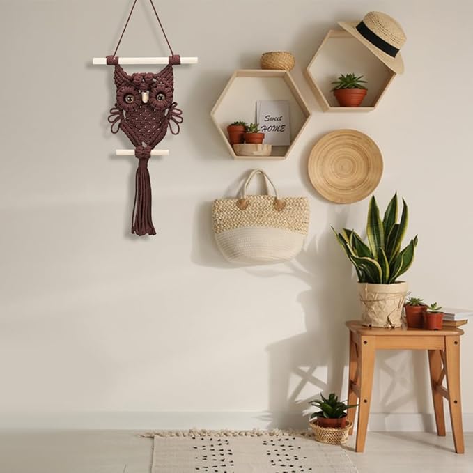 ORIGACH DIY Macrame Owl Wall Hanging Tapestry Kit Brown Cotton Handmade Macrame Owl Kit Boho Macrame Wall Hanging Decor Woven Ornament Gift for Bedroom Living Room