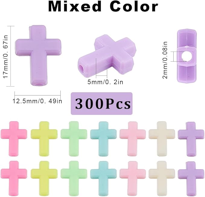 SUNNYCLUE 300Pcs Cross Beads Bulk Colorful Acrylic Mini Small Macaron Color Pocket Quilt Crosses Tiny Plastic Easter Crucifix Loose Spacer for Jewelry Making DIY Beading Supplies