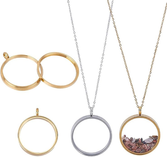 UNICRAFTALE 2 Sets 2 Colors Stainless Steel Memory Locket Charm Flat Round DIY Picture Photo Necklace Making Kit Crystal Photo Frame with Chain Necklace for Necklaces Jewelry Making