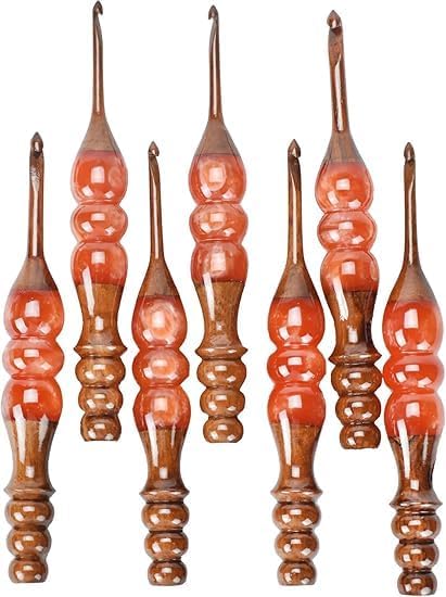 Wooden Crochet Hooks Set for Arthritic Hands | Ergonomic Soft Grip - Resin Mix Indian Rosewood Crochet Hook Set for Crocheting & Knitting (Orange, Set of 13)