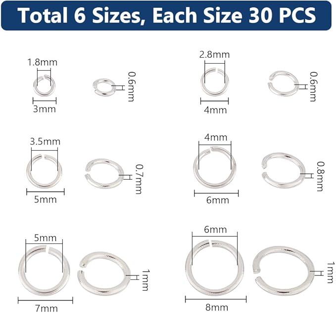 PH PandaHall 180pcs 925 Sterling Silver Plated Open Jump Rings 3/4/5/6/7/8mm O Ring Brass Jewelry Connector Ring Circle Clasp 18~22 Gauge Keychain Rings for Bracelets Necklaces DIY Craft Making