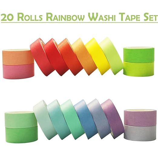 20 Rolls Washi Tape Set, Rainbow Washi Tape Colorful Masking Tape 15mm Wide, Decorative Tape for Bullet Journal, Book, Planner, Scrapbooking, DIY Arts Crafts