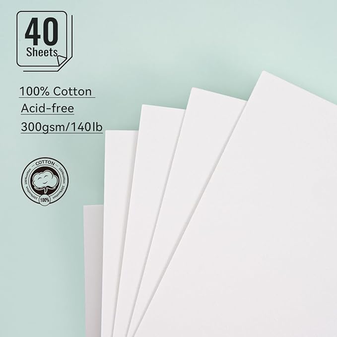LIGHTWISH Watercolor Paper Bulk, 100% Cotton Hot Press 300gsm/140lb, 2 Pack, Total 40 Sheets A5 Hole-Punched Interchangeable Paper for Artists, Adults,Students,5.8 * 8.2 Inches