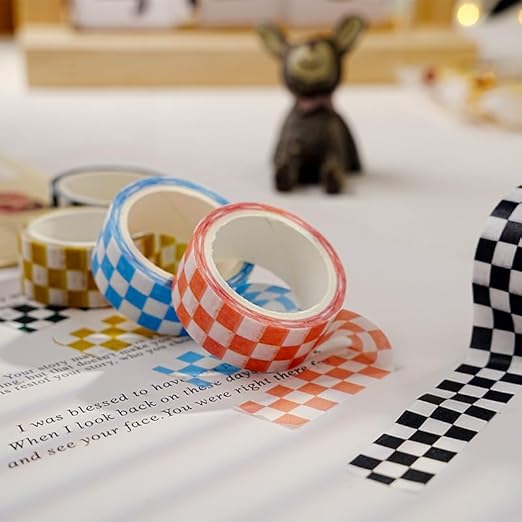 Checkered Tape Decorative Plaid Cute Washi Tape Set 0.6inch Width Colored Grid Masking Paper Tapes 5 Roll Checkerboard Flag Tape Rolls for Scrapbook Artist Craft Party Decoration Box Label