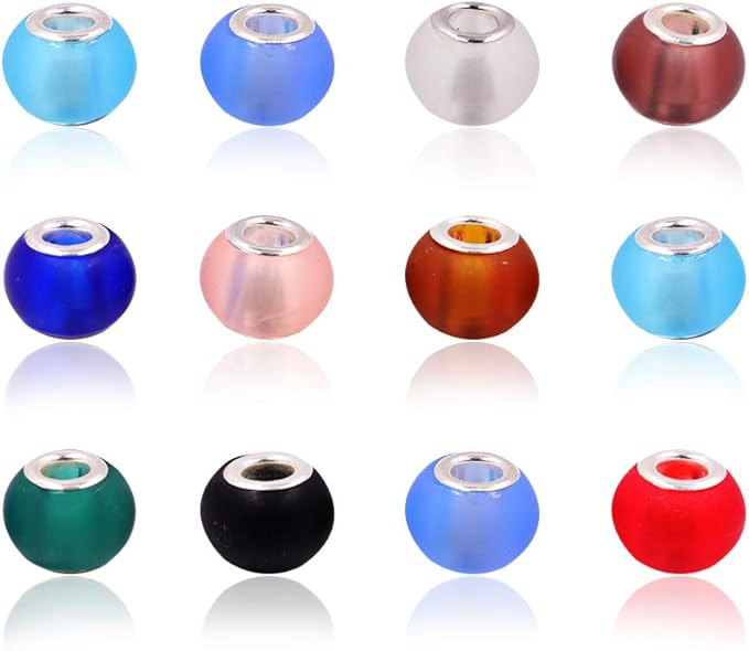 AIPRIDY 100Pcs 15x11mm Painting Murano Large Hole Glass Beads Mix Color with Silver Brass Cores European Charm fit Bracelet Necklace (Dull Polish Effect)