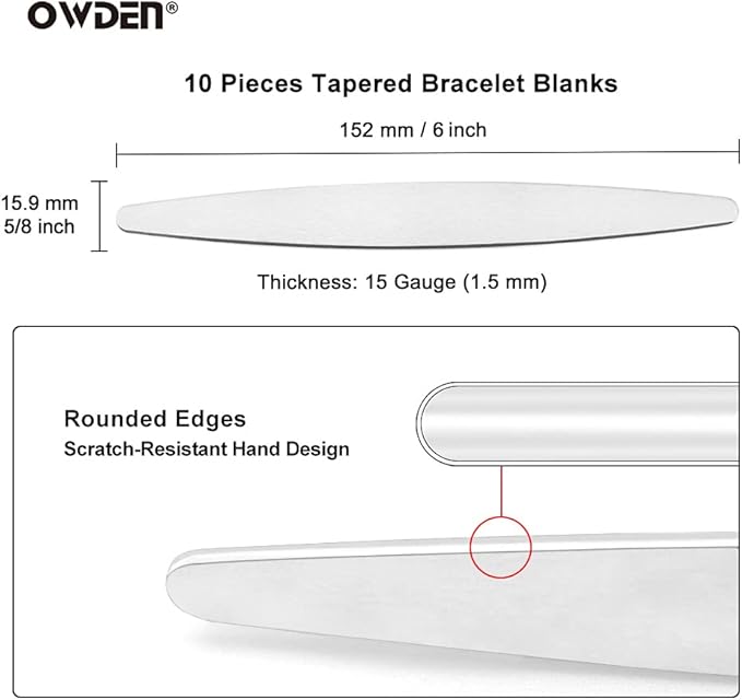 OWDEN Premium Metal Stamping Tapered Bracelet blanks,Width:5/8 inch and Length: 6 inch, Thickness: 1.5mm,10Pack Aluminum Bracelet Tapered Blanks for Jewelry Stamping Working.