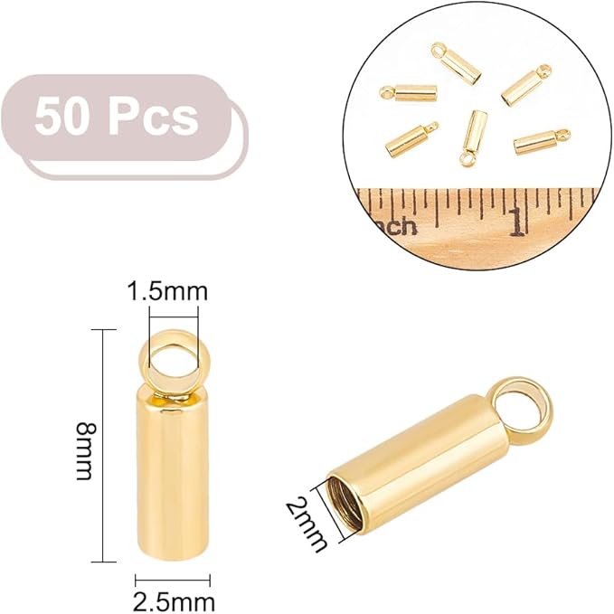 UNICRAFTALE 50Pcs Tube Cord Ends 304 Stainless Steel Cord Ends 2mm Inner Diameter Smooth End Tips Terminators Cord Finding for Cord Bracelets Jewelry Making, Golden