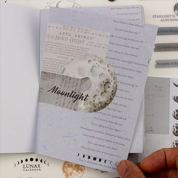 40 Sheets Vintage Washi Stickers Book for Adults, Scrapbook Ephemera with 180pcs Moon Stickers and 20 Adhesive Scrapbooking Papers, Bullet Junk Journaling Supplies