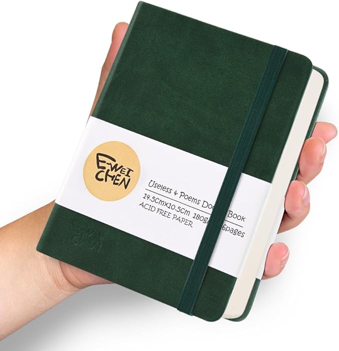 Hardcover 96Pages Blank Sketch Book for Drawing, Small 5.7x4.1 Pocket Journal Notebook for Travel, 180gsm Thick Paper Diary Notebooks for Work, PU Cover Memo for Writing. Dark Green