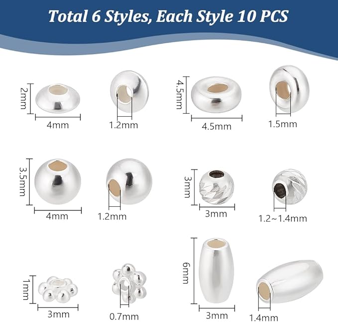 PH PandaHall 60pcs 925 Sterling Silver Beads for Jewelry Making, 6 Style Small Bracelet Spacer Beads Smooth Loose Beads Beading Supplies for Crafts Necklace Bracelets Earring Making, 3-6mm