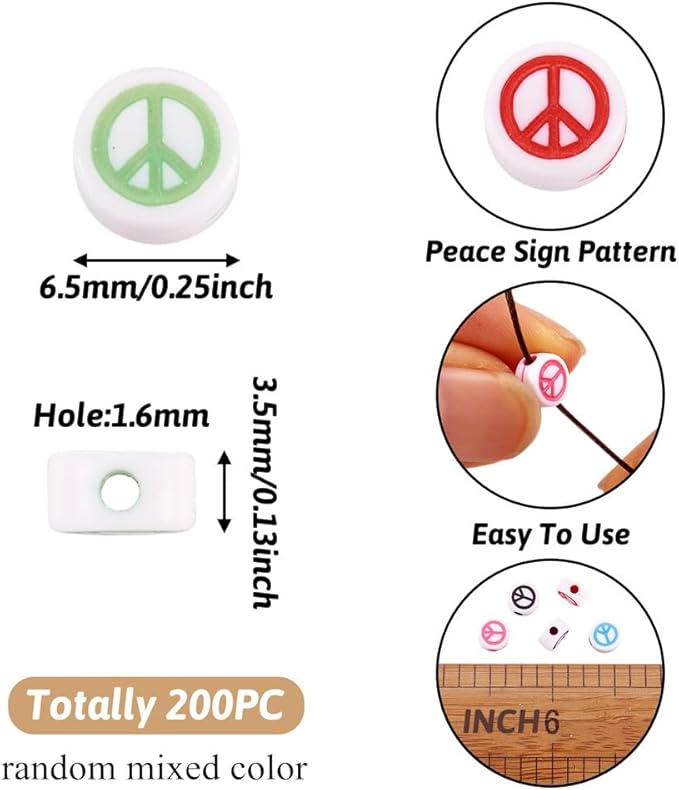 200Pcs Peace Sign Acrylic Beads Opaque White Flat Round Beads Random Colorful Symbol Acrylic Spacer Beads for DIY Necklace Bracelet Earring Jewelry Crafts Making Hole 1.6mm