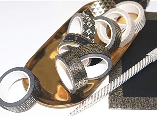 YUBBAEX 10 Rolls Washi Tape Set Black Gold Foil Print Decorative Tapes for Arts, DIY Crafts, Bullet Journals, Planners, Scrapbook, Wrapping (15mm) (Black Gold x 10 Rolls)