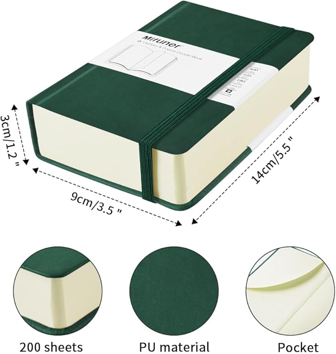 Mifuner Small Rectangle 3.5x5.5 200 Sheets 105gsm Mini Notebooks Blank Pages Sketchbooks Pocket Paint Writing Diary Memo PU Leather Cover Green