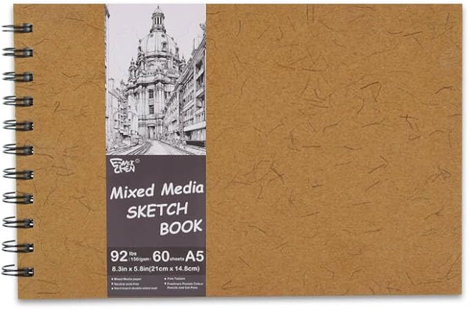 5.8" x 8.3" Mixed Media Sketch Book,Spiral Bound Hardcover Sketchbook,60 Sheets 92lb/150gsm Neutral White Acid Free Paper,Art Journal Sketchbook for Drawing Writing Sketching Illustration,Turmeric