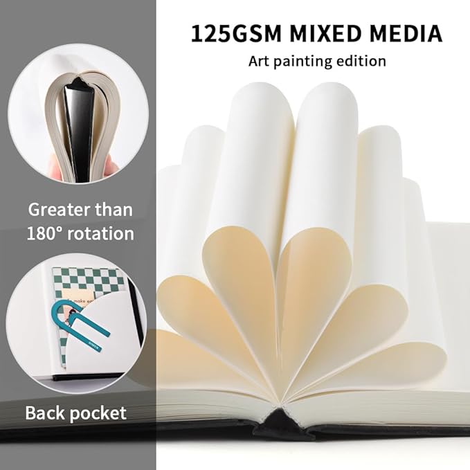 Mixed Media Art Sketchbook, 4 x 6 inches Hardcover Pocket Sketchbook,100 Sheets/200 Pages 125 GSM Acid-Free Beige Drawing Papers,Small Travel Drawing Journal for All Artists or Beginners.Black