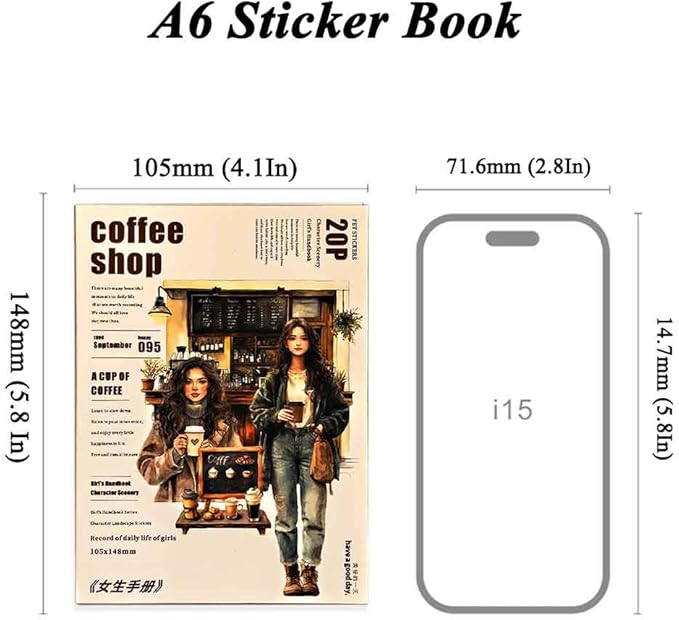 20 Sheets Coffee Sticker Book for Journaling, Fashion Colored Girl Sticker Book for Scrapbook Supplies, Pre-Cut Aesthetic Waterproof PET Translucent Stickers for Junk Jounal Bujo