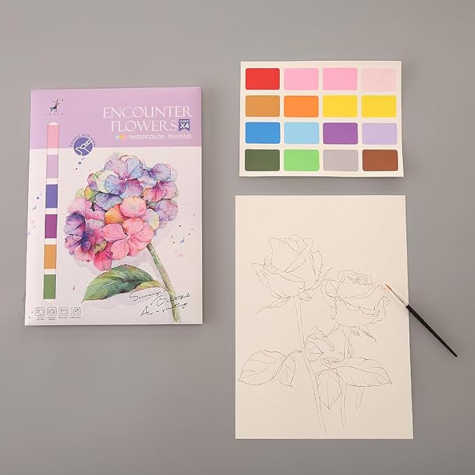 11.5" x 8.5" Watercolor Workbook for Adults, Easy Nature Scenes Paint Coloring Book Paint, Water Coloring Book with 4 Floral Drawings 2 Pigment Card and 1 Brush (Bouquet)