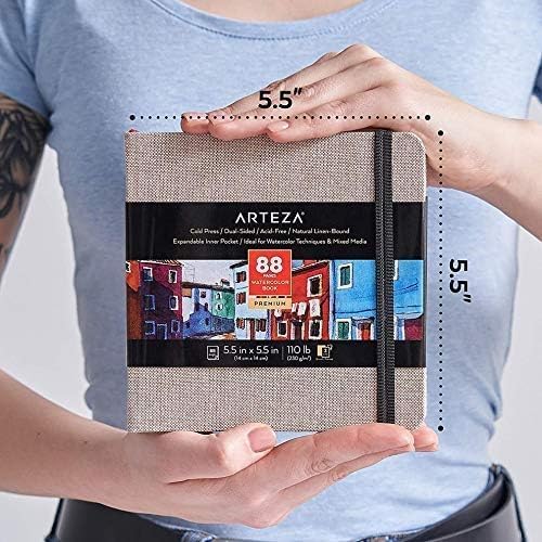 ARTEZA Watercolor Journals, Pack of 3, 5.5 x 5.5 Inches, 88 Pages Each, 110 lb / 230 gsm, Cold Press, Dual-Sided, Acid-Free Linen-Bound Hardcover Books for Watercolor and Fluid Media