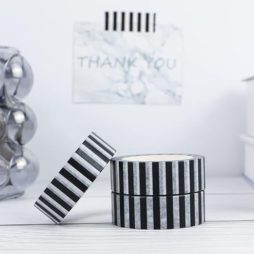 MEI YI TIAN 3pcs Black Stripe Washi Tape Set Labeling Decorative Paper Adhesive Masking Tapes for DIY Journal Decor Planners Arts Crafts Gift Box Wrapping Adesive Tape